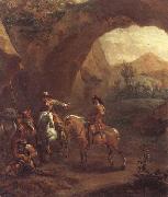 Adam Colonia, Landscape with troopers and soldiers beneath a rocky arch